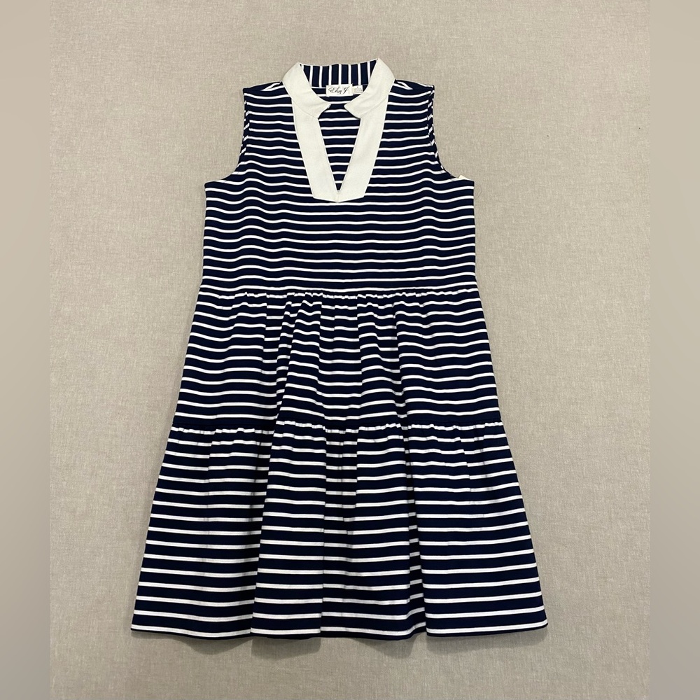 Eliza J Stripe Sleeveless V-Neck Mini Dress Sz M Navy Blue Preppy